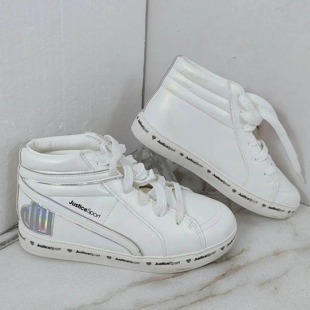 NWT Justice Sport Girls' Mid Court Iridescent Pearl Holographic Sneakers, Sz 4